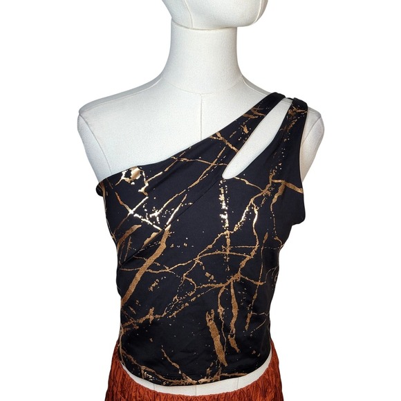 Beyond Yoga Black & Gold Marble One Shoulder Crop Top Large Gym Workout Chic - Picture 3 of 8